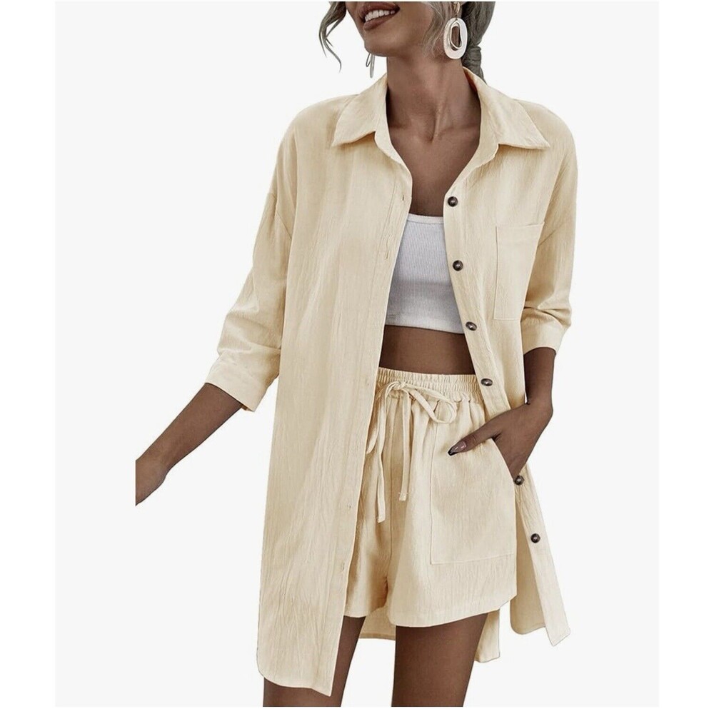 Zeagoo Womens Button Up Shirt Shorts Set Pockets Tan Beige Lightweight Size M